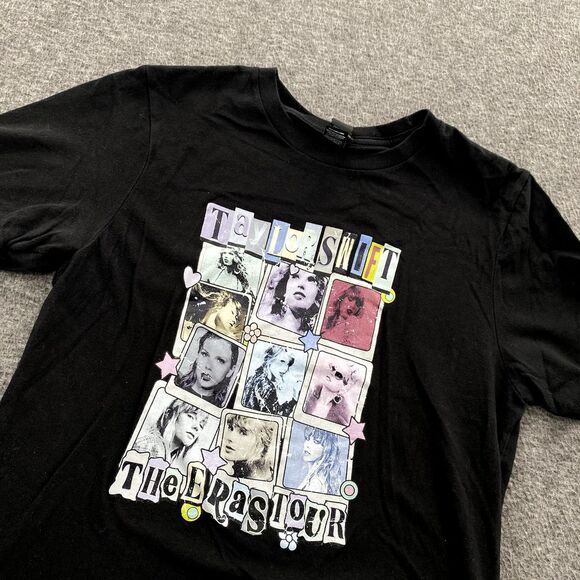 Taylor Swift Shirt Womens M Concert Pop Album Graphic The ERAS Tour Black SS EUC - Picture 1 of 8